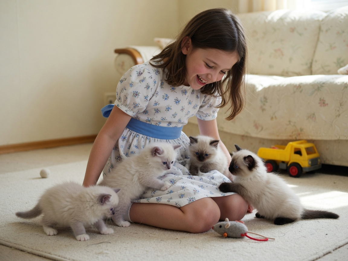 An eight-year-old girl in a white, blue, and floral dress playing with Ragdoll kittens