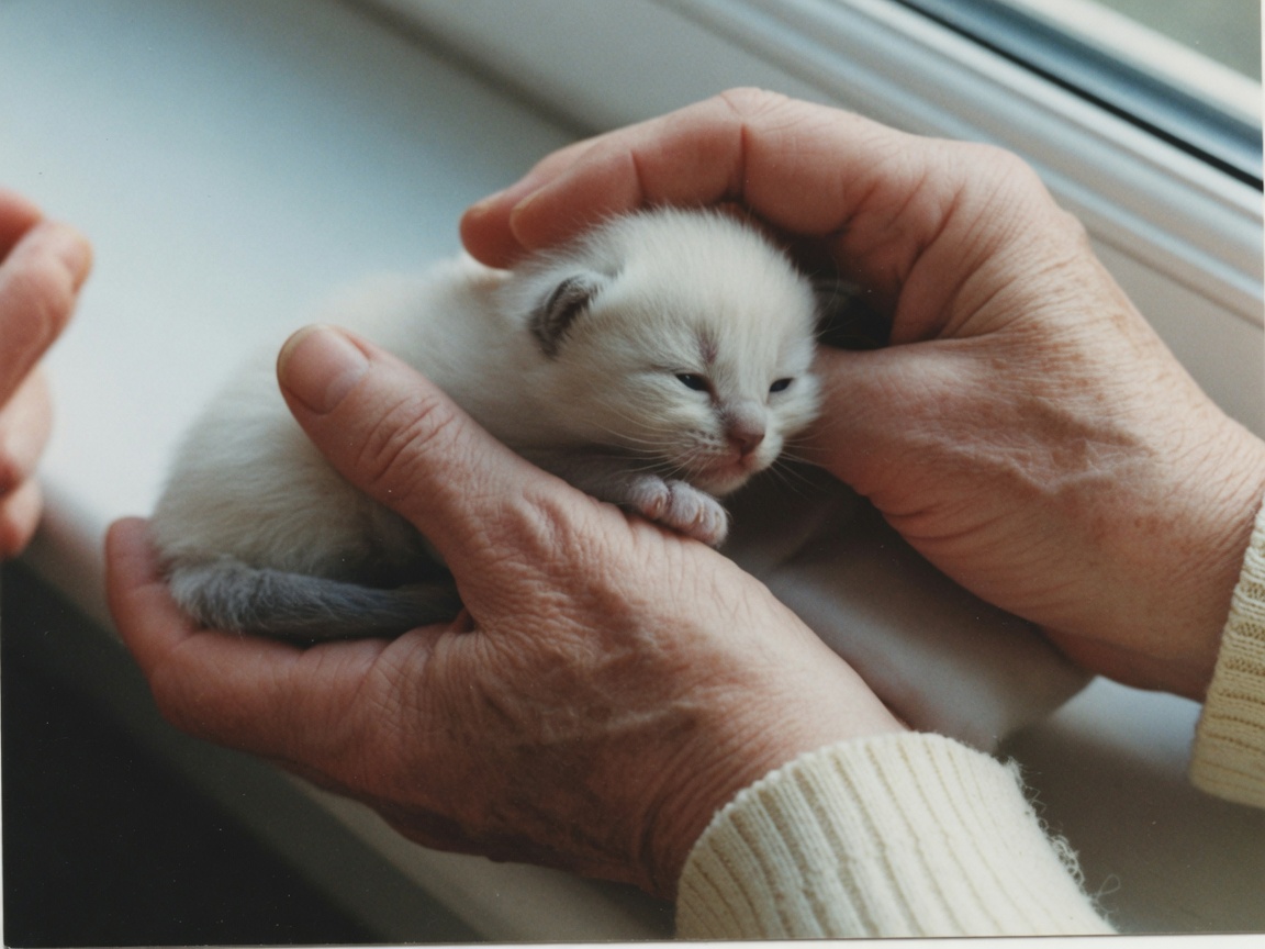 Tiny Ragdoll kittens held in a grandmother’s hands
