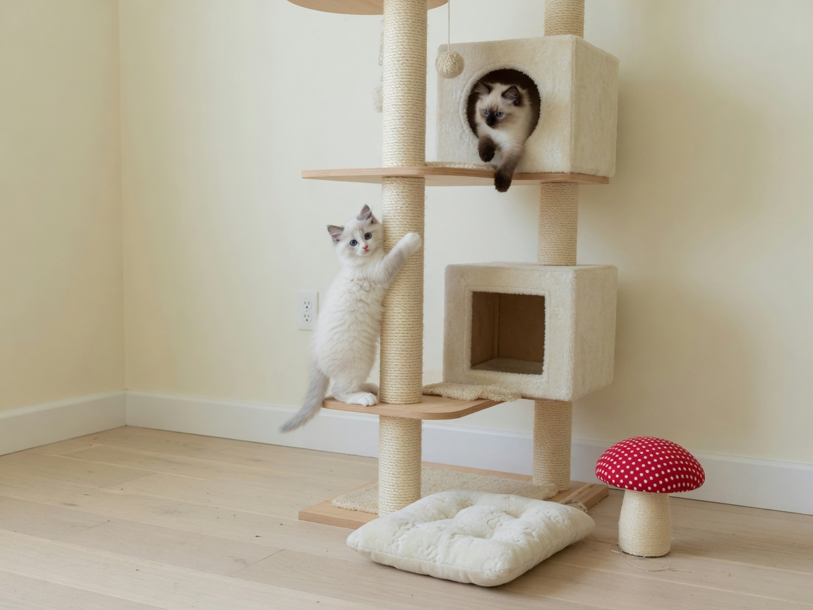 A light, clean household playroom with wood and carpet cat furniture