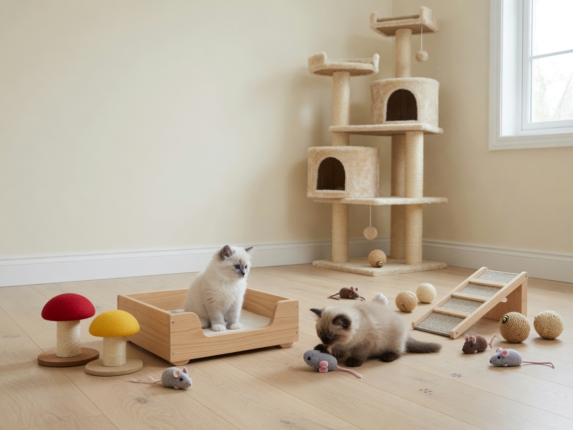 A contained kitten play area with climbing toys sized for kittens