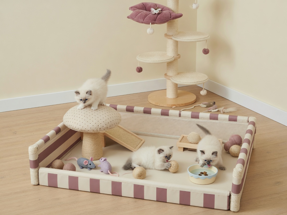 Another corner of the kitten playroom, pale walls and low wooden structures